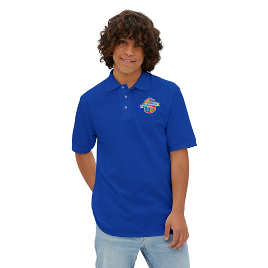 Blue Men's Polo with Retro Surf Patch - Casual Golf & Work Shirt